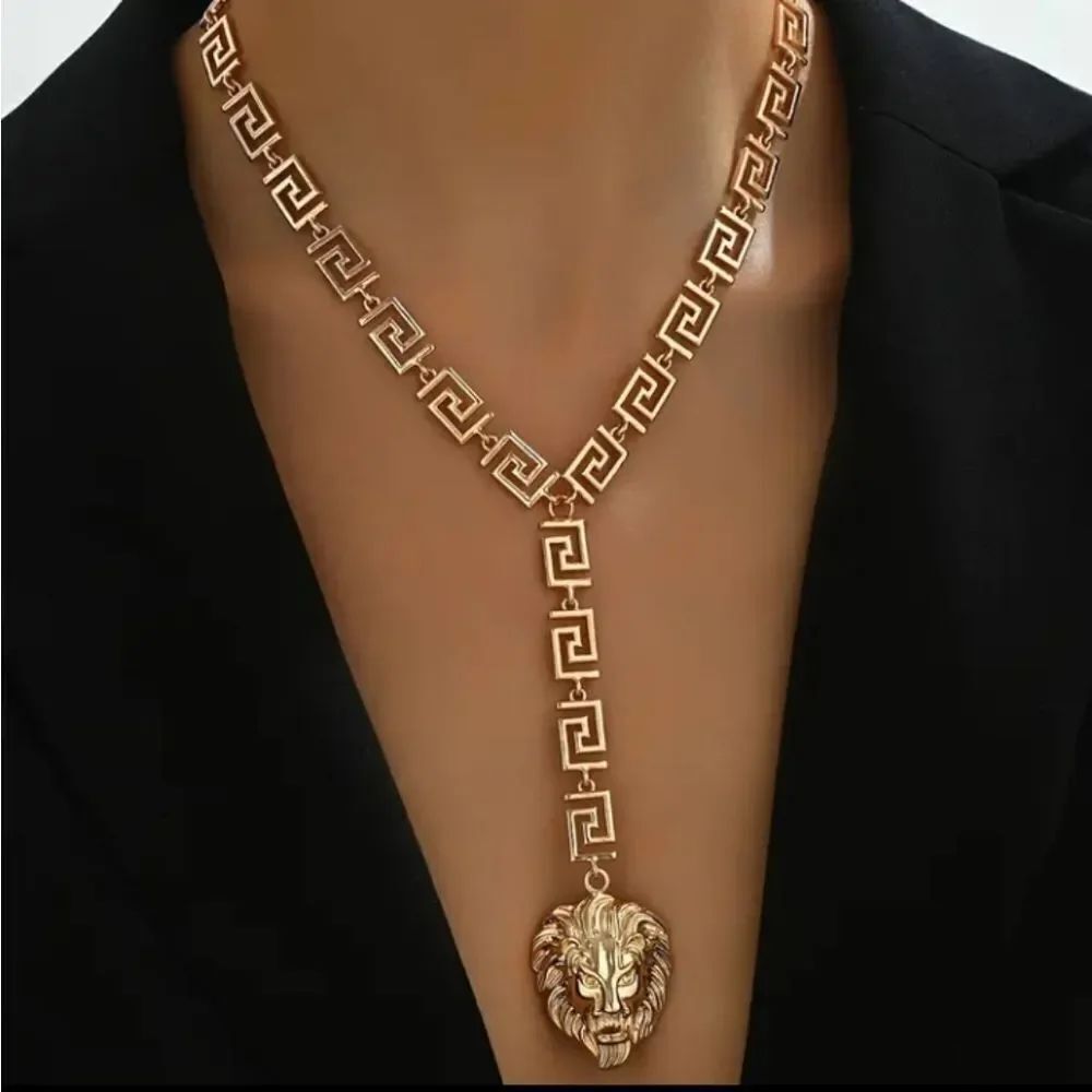 Designer Inspired Gold Lion Head Pendant Lariat Necklace